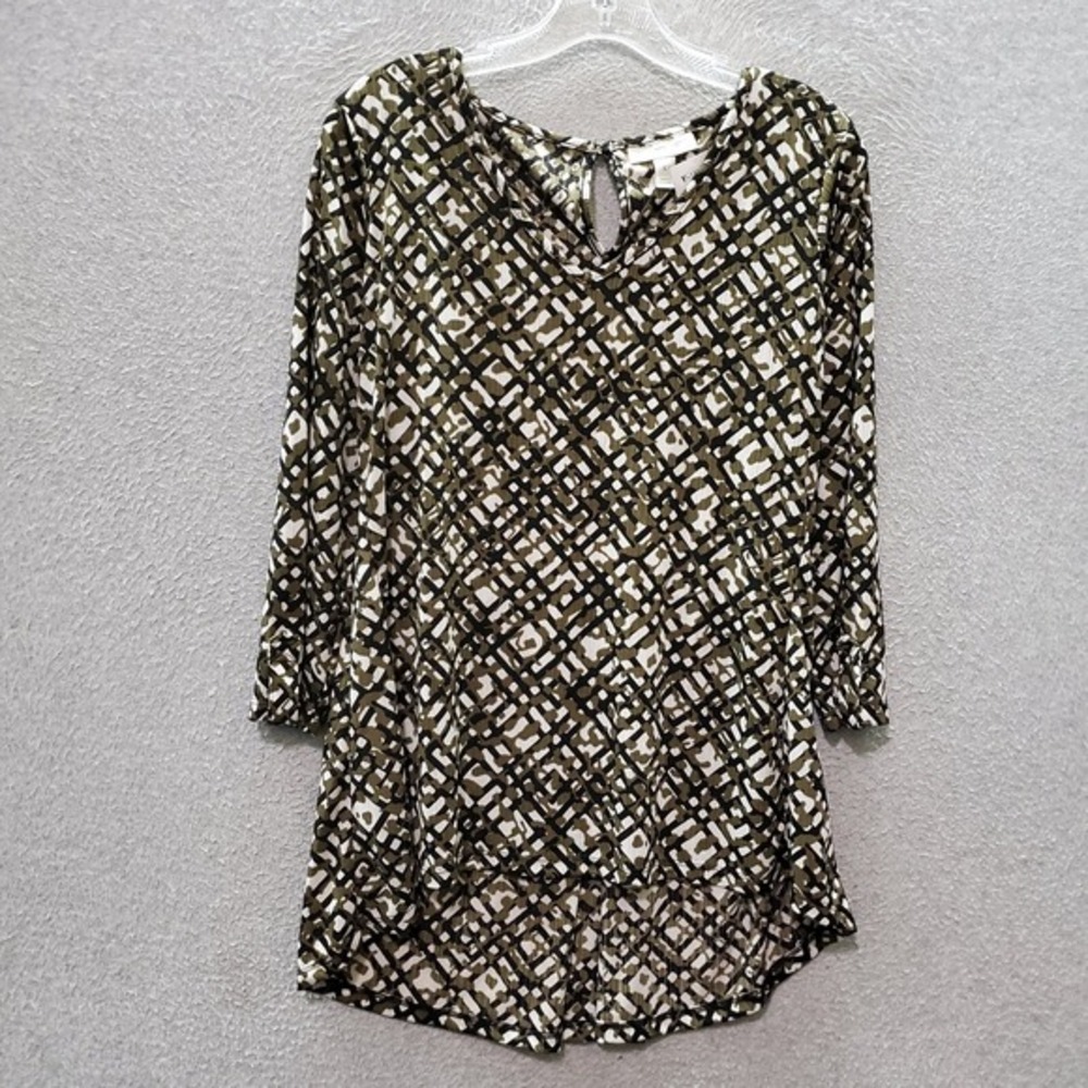 Dana Buchman Women Top Large White Geometric Blouse 3/4 Sleeve Hi Low Hem